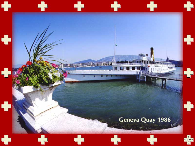 I tried to re-make a 1956 Nat'l Geog. photo (see below) but discovered that the photographer had taken the shot of the
Quai-du-Mont-Blanc from his hotel room window, inaccessible to me, so I took this from ground level. The steamer is the Helvétie, built in 1978. When you click the link below you will see the vessel Genève, built in 1926 and converted in 1977 to dielel electric propulsion. Note that the two boats, built 52 years apart, are nearly identical. Incidentally, an American, Edward Church, launched the first Swiss lake steamer in 1823. There are 90 miles of shoreline for these 'excursion steamers'.