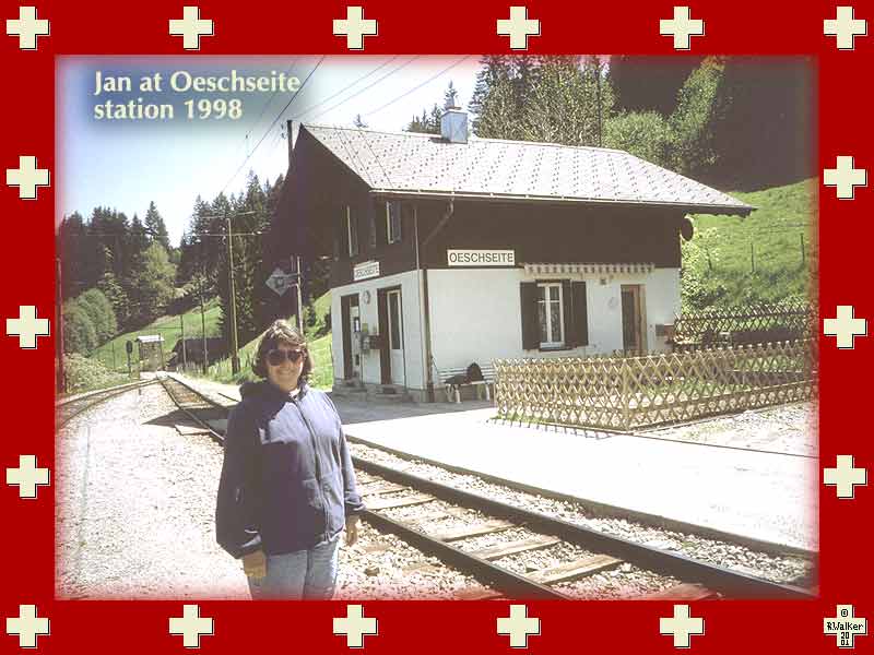 Jan at Oeschseite station (MOB line), 1998. One of my favorite stations and certain to be closed eventually. Perfect rest stop for a hike between Zweisimmen and Schönried. Interesting note - whenever your train passes this point the passengers, who are mainly Swiss, will attempt to say the name, which is apparently humorous and difficult.