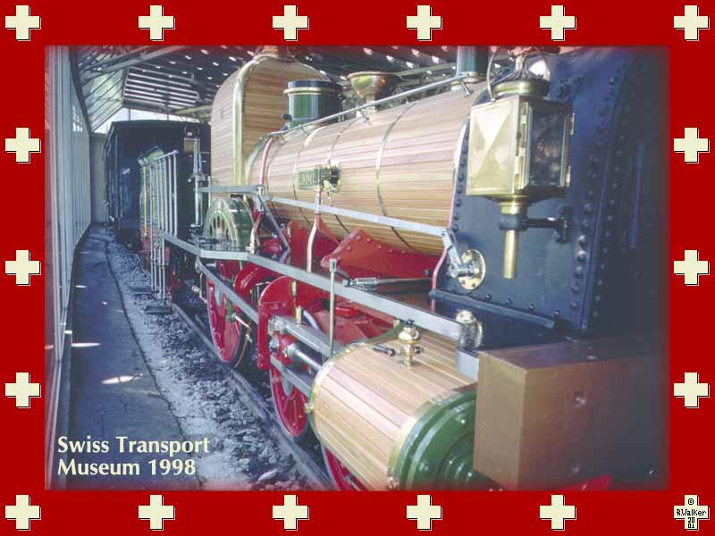 Steam locomotive with wooden-clad boiler in the Swiss Transport Museum, 1998