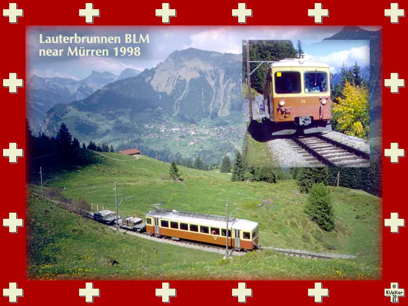 Lauterbrunnen BLM between Grütschalp and Mürren, 1998. Highly recommend the 2-hour downhill hike, which follows the train line and provides magnificent views of the Lauterbrunnen Valley. Can anyone tell me how they got this train up the mountain? The tracks begin and end on a plateau. . .