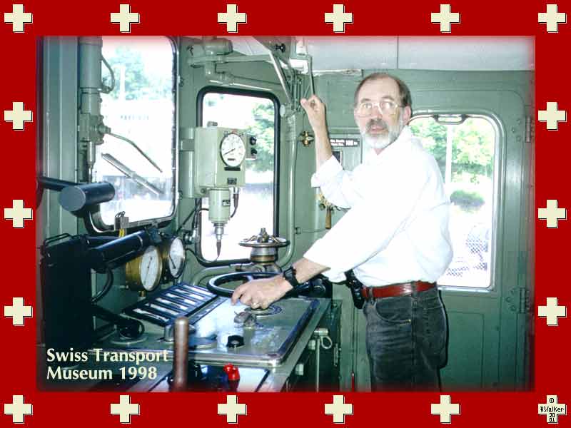 Ralph in locomotive cab at Swiss Transport Museum, 1998