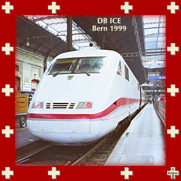 The Deutsche Bahn ICE (Inter-City Express) 'Thunersee', at Bern in 1999. This high-speed train travels from Hamburg to Interlaken, but achieves top speed only in Germany. A very fine train which we use within Switzerland frequently, and for which reservations are not needed for short trips.